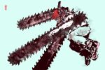  1boy chainsaw chainsaw_man denji_(chainsaw_man) hybrid looking_to_the_side midair no_eyes open_mouth saarikakiraas0905 sharp_teeth simple_background solo spot_color teeth white_background 