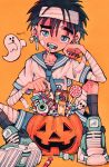  1boy bandages black_hair black_nails blue_eyes blue_shorts candy child commentary commentary_request food ghost halloween_bucket highres holding holding_candy holding_food lollipop looking_at_viewer lunchbox_(illillilliiliil) male_child male_focus mouth_hold orange_background original sailor_collar shorts simple_background solo symbol-only_commentary teeth 