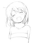  1girl bangs closed_eyes flower frisk_(undertale) head_tilt long_sleeves looking_at_viewer open_mouth short_hair simple_background smile solo striped striped_sweater sweater undertale white_background xox_xxxxxx 
