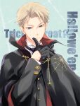  1boy black_gloves blonde_hair blue_eyes closed_mouth english_text gloves halloween halloween_costume hand_on_own_face highres kuga_tsukasa long_sleeves looking_at_viewer male_focus short_hair smirk solo spy_x_family trick_or_treat twilight_(spy_x_family) 