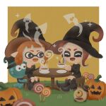  2girls :d ^_^ black_dress black_eyes black_footwear black_headwear boots candy closed_eyes colored_tongue cup dress food grass halloween hat highres holding holding_cup inkling inkling_girl jack-o&#039;-lantern jellyfish_(splatoon) lollipop long_hair long_sleeves multiple_girls no_nose octarian octoball octoling octoling_girl open_mouth orange_hair orange_tongue plate pointy_ears pumpkin redhead short_hair sitting smile sparkle splatoon_(series) sprikasan steam stool swirl_lollipop table tea teacup witch_hat 