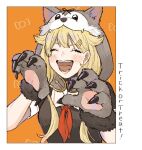  1girl animal_hands animal_hood blonde_hair blush commentary fangs fur_trim gloves hair_flaps hair_ornament hairclip halloween halloween_costume hood hood_up kantai_collection long_hair neckerchief official_alternate_costume open_mouth paw_gloves red_neckerchief sailor_collar school_uniform serafuku short_sleeves simple_background solo sukekiyo_(skky_0) symbol-only_commentary trick_or_treat upper_body white_sailor_collar yuudachi_(kancolle) yuudachi_kai_ni_(kancolle) 