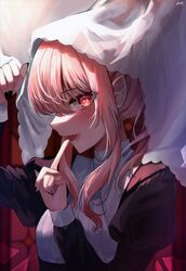  1girl absurdres akiyama_mizuki bangs black_nails blood blood_on_face blurry blurry_background collared_shirt fang hair_over_one_eye highres juliet_sleeves light long_hair long_sleeves looking_at_viewer open_mouth pink_hair pointy_ears project_sekai prsk178159 puffy_sleeves red_background red_eyes shards shirt sidelocks smile solo standing upper_body vampire white_shirt white_towel 