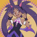  1girl :d armlet bare_shoulders black_dress black_hairband brown_eyes claw_pose commentary_request covered_collarbone dark-skinned_female dark_skin dress eyelashes hairband hands_up horns iris_(fall_2022)_(pokemon) iris_(pokemon) long_hair official_alternate_costume open_mouth pokemon pokemon_(game) pokemon_masters_ex purple_hair sagemaru-br signature smile solo teeth tongue twintails upper_teeth wrist_cuffs 