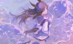  1girl absurdres animal_ears beach brown_hair floating_hair from_above from_behind highres hlymoriia horse_ears horse_girl horse_tail long_hair ocean purple_theme rice_shower_(umamusume) solo tail umamusume very_long_hair water waves 