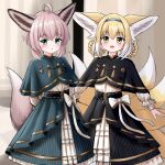  2girls :d absurdres ahoge animal_ear_fluff animal_ears arknights arms_behind_back bangs black_capelet blonde_hair blue_capelet blue_hairband blue_skirt blush bow braid brown_hair capelet commentary english_commentary fox_ears fox_girl fox_tail hair_between_eyes hair_rings hairband highres indoors kitsune long_sleeves multicolored_hair multiple_girls parted_lips pleated_skirt puffy_long_sleeves puffy_sleeves rylaera shirt skirt smile striped striped_skirt sussurro_(arknights) suzuran_(arknights) tail twin_braids two-tone_hair vertical-striped_skirt vertical_stripes white_bow white_hair white_shirt 