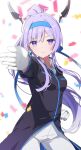  1girl black_coat blue_archive blue_hairband blurry clenched_hand closed_mouth coat collared_shirt confetti depth_of_field gloves hairband halo highres long_sleeves looking_at_viewer mochigome_(ununquadium) ouendan pants ponytail purple_hair serious shirt simple_background solo utaha_(blue_archive) utaha_(cheerleader)_(blue_archive) violet_eyes white_background white_gloves white_pants 
