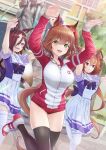  3girls animal_ears arms_up aston_machan_(umamusume) breasts brown_hair buruma daiwa_scarlet_(umamusume) dancing hair_over_one_eye highres horse_ears horse_girl jacket long_hair medium_breasts medium_hair multiple_girls nabe_puyo school_uniform short_hair thigh-highs tracen_school_uniform track_jacket twintails umamusume vodka_(umamusume) 