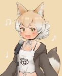  1girl animal_costume animal_ear_fluff animal_ears black_jacket blonde_hair coyote_(kemono_friends) extra_ears highres jacket kemono_friends kemono_friends_v_project looking_at_viewer microphone music navel open_mouth shirt short_hair simple_background singing solo tail virtual_youtuber white_shirt wolf_costume wolf_ears wolf_girl wolf_tail yellow_eyes zzz_ansh 