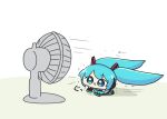  1girl blue_eyes blue_hair chibi electric_fan hatsune_miku long_hair nontao sweat twintails vocaloid 