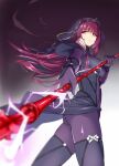  1girl bangs bodysuit breasts den_(kur0_yuki) elbow_gloves eyebrows_hidden_by_hair fate/grand_order fate_(series) gloves hair_ornament holding holding_polearm holding_weapon looking_at_viewer looking_back polearm purple_gloves purple_hair scathach_(fate) solo spear veil violet_eyes weapon 