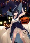  1girl arm_grab arm_up bangs black_hair blue_neckerchief blue_sailor_collar blurry blurry_background commentary depth_of_field dress ghost_costume hair_ornament hairclip halloween halloween_costume hand_on_headwear hat highres jack-o&#039;-lantern jack-o&#039;-lantern_head kazama_ran leg_hair looking_at_viewer neckerchief night open_mouth original outdoors sailor_collar sailor_dress short_dress short_hair sleeveless sleeveless_dress smile standing string_of_flags swept_bangs waist_cape white_dress witch witch_hat 