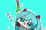  1girl aqua_background aqua_hair blue_eyes chibi hatsune_miku nontao reaching spring_onion translated trembling twintails vocaloid 