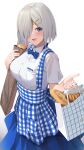  1girl absurdres apron bag blue_apron blue_eyes blue_skirt blush bread breasts collared_shirt commission food gradient gradient_background grey_hair hair_ornament hair_over_one_eye hairclip hamakaze_(kancolle) highres holding holding_bag kantai_collection kobeya_uniform kokenashi large_breasts open_mouth shirt short_hair short_sleeves skeb_commission skirt smile solo white_shirt 