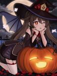  1girl ;p bangs bare_shoulders bead_bracelet beads black_headwear blush bracelet brown_coat brown_hair bug butterfly cheek_rest coat cross-laced_clothes demon_wings elbow_rest feet_out_of_frame flower genshin_impact glowing hair_between_eyes halloween halloween_costume hat highres hu_tao_(genshin_impact) jewelry kneeling long_hair long_sleeves looking_at_viewer moon night night_sky one_eye_closed plum_blossoms pumpkin red_eyes red_flower sidelocks sky solo star_(sky) starry_sky thigh-highs tongue tongue_out twintails very_long_hair vickie_(cryingrobot) white_garter_straps white_thighhighs wings witch_hat 