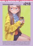  1girl blue_eyes brown_hair food glasses green_background highres hood hooded_jacket jacket long_hair looking_to_the_side murata_range non-web_source open_clothes open_jacket original parted_lips pastry red-framed_eyewear scarf shorts simple_background sitting sleeves_past_wrists solo yellow_jacket 