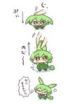  1girl chibi green_hair minigirl nontao pulling squishing translated voicevox yellow_eyes zundamon 