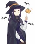  1girl asakiri_koko bat_(animal) cloak halloween halloween_costume hat highres jack-o&#039;-lantern jill_stingray miniskirt pantyhose pointing purple_hair red_eyes skirt smile solo va-11_hall-a white_background witch_hat 