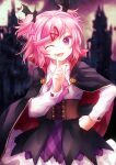  1girl ;d ascot bangs bat_hair_ornament black_cape blurry blurry_background cape commentary corset cowboy_shot doki_doki_literature_club english_commentary fangs frilled_shirt_collar frills hair_ornament hairclip hand_on_hip index_finger_raised long_sleeves looking_at_viewer nail_polish natsuki_(doki_doki_literature_club) niim one_eye_closed pink_ascot pink_eyes pink_hair red_nails shirt short_hair skirt smile solo swept_bangs two-sided_fabric two_side_up vampire_costume white_shirt 