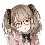  1girl absurdres almic bangs black_ribbon brown_eyes buckle fashion floating_hair glasses hair_ribbon head_tilt highres light_brown_hair long_hair looking_at_viewer original pink_shirt portrait ribbon shiny shiny_hair shirt simple_background solo twintails watermark white_background 