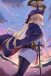  1girl artoria_caster_(fate) artoria_pendragon_(fate) bangs belt black_bow black_gloves black_pantyhose blonde_hair blue_belt blue_headwear blush bow closed_mouth clouds commentary_request dress fate/grand_order fate_(series) floating_hair from_behind gloves green_eyes hair_bow hat highres holding holding_staff holding_weapon long_hair long_sleeves looking_at_viewer lucky_ckm outdoors pantyhose sheath sheathed sky smile solo staff sword twintails weapon white_dress 