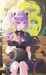  1girl absurdres bench bibi_(tokoyami_towa) breasts demon_tail ear_piercing earrings green_eyes hair_ornament hairclip highres hololive horns jewelry long_hair n8_(buse1601) necktie piercing pleated_skirt purple_hair side_ponytail sitting skirt smile tail tokoyami_towa 