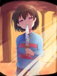  1girl bangs black_shorts blue_sweater brown_hair frisk_(undertale) half-closed_eyes head_tilt holding holding_knife indoors knife light_rays long_sleeves looking_at_viewer red_eyes short_hair short_shorts shorts smile striped striped_sweater sunbeam sunlight sweater undertale violet_eyes xox_xxxxxx 
