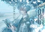  1boy absurdres artist_name bench blue_theme book bridge closed_mouth earrings english_text flower grey_hair highres holding holding_book jewelry looking_at_viewer male_focus nasakura-0227 original signature sitting sitting_on_bench solo solo_focus tree white_flower white_hair 