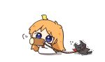  &gt;_&lt; 1girl animal animal_on_head bird bird_on_head blue_eyes cake cat chibi eating flying_sweatdrops food highres leash long_hair nichijou nontao on_head orange_hair professor_shinonome rope sakamoto_(nichijou) swiss_roll white_background 