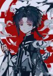  1boy absurdres bandaid bandaid_on_face black_hair black_jacket child closed_mouth facing_viewer green_eyes grey_background highres jacket kay1205177934 long_sleeves looking_to_the_side male_child male_focus multicolored_background original red_background short_hair solo 