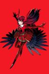  1girl alternate_costume commentary eyelashes hair_ornament highres horns long_hair looking_at_viewer pancakesorting persona persona_5 persona_5_the_royal red_background red_eyes redhead serious simple_background solo yoshizawa_kasumi 