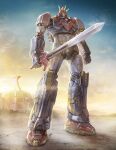 absurdres building choudenji_machine_voltes_v clenched_hand clouds eko999 english_commentary full_body highres holding holding_sword holding_weapon looking_ahead mecha no_humans orange_eyes robot science_fiction sky solo super_robot sword voltes_v_(mecha) weapon