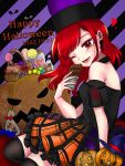  1girl 2022 bat_(animal) black_shirt candy candy_bar candy_jar character_request chocolate copyright_request dated food halloween heart hecatia_lapislazuli jack-o&#039;-lantern jar lollipop off-shoulder_shirt off_shoulder orange_nails polos_crown pumpkin red_eyes redhead ribbon shirt touhou utagi_0216 