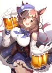  1girl absurdres alcohol animal_ears beer beer_mug breasts brown_hair cabbie_hat cup hair_ornament hairclip hat highres holding holding_cup horse_ears horse_girl horse_tail large_breasts looking_at_viewer matikane_tannhauser_(umamusume) medium_hair mug multicolored_hair open_mouth smile solo streaked_hair tail tsujiya_okuyasu umamusume yellow_eyes 