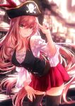  1girl bangs bare_shoulders belt black_thighhighs black_vest blurry blurry_background brown_hair commentary commentary_request contrapposto cowboy_shot doki_doki_literature_club green_eyes hair_between_eyes hair_down hand_on_own_thigh hat hat_feather index_finger_raised long_hair looking_at_viewer monika_(doki_doki_literature_club) nail_polish niim off-shoulder_shirt off_shoulder pirate_costume pirate_hat red_nails red_skirt shirt skirt skull_and_crossbones smile solo thigh-highs very_long_hair vest white_shirt zettai_ryouiki 