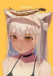  1girl animal_ear_fluff aster_drawing bare_shoulders choker commentary fang fish highres looking_up medium_hair open_mouth orange_eyes original portrait simple_background solo white_hair 
