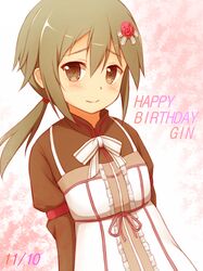  1girl blouse blush brown_eyes brown_hair dress flower frills hair_between_eyes hair_flower hair_ornament hairclip happy_birthday highres looking_at_viewer low_ponytail minowa_gin natsu_(927013) pinafore_dress ponytail shirt short_hair smile solo washio_sumi_wa_yuusha_de_aru yuusha_de_aru 