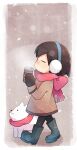  1girl absurdres bangs black_footwear black_pants boots border brown_gloves brown_hair brown_jacket chibi closed_eyes cup frisk_(undertale) from_side gloves highres holding holding_cup jacket outdoors pants red_scarf scarf smoke snowing undertale walking white_border white_dog xox_xxxxxx 