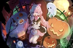  +_+ 1girl ahoge bat_(animal) bat_wings blue_eyes braid candle chair clouds detached_sleeves dress fence food ghost hair_between_eyes halloween hand_up harutask horns lantern long_hair looking_at_viewer moon night pie pink_dress pink_hair pumpkin silk single_horn sitting smile spider_web table twin_braids wings wuthering_waves 