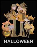  1boy 1girl absurdres adapted_costume arm_up asagiri_kogen bangs blonde_hair boots braixen calem_(pokemon) candy candy_wrapper closed_mouth commentary espurr eyewear_on_headwear food gourgeist halloween hat highres jack-o&#039;-lantern long_hair pants phantump pleated_skirt pokemon pokemon_(creature) pokemon_(game) pokemon_xy serena_(pokemon) short_hair skirt standing sunglasses sweatdrop symbol-only_commentary thigh-highs witch_hat 