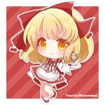  1girl alternate_costume apron blonde_hair bow chinese_commentary closed_mouth commentary_request cup detached_sleeves dress frilled_apron frilled_dress frills hair_bow holding holding_tray kanamorimei long_sleeves medium_hair red_bow red_dress red_footwear satsuki_rin smile socks solo striped striped_dress touhou tray vertical-striped_dress vertical_stripes waist_apron waitress white_apron white_sleeves white_socks wide_sleeves yellow_eyes 