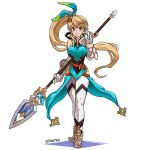  1girl absurdres bangs bare_shoulders breasts detached_sleeves dragalia_lost elisanne gloves hair_ribbon hair_twirling highres holding holding_polearm holding_weapon lance long_hair looking_at_viewer medium_breasts orange_hair otakuman polearm ponytail ribbon sidelocks smile solo very_long_hair violet_eyes waist_cape watermark weapon white_gloves wrist_cuffs 