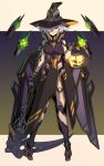  1girl android breasts commentary_request degarashi_(ponkotsu) full_body glasses green_eyes grey_hair hair_over_one_eye halloween hat high_collar holding holding_scythe jack-o&#039;-lantern joints lantern large_breasts looking_at_viewer original pigeon-toed robot_joints scythe solo standing witch_hat 