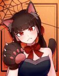  1girl animal_ears animal_hands bangs bare_shoulders black_dress blunt_bangs bow bowtie brown_hair cat_ears cat_girl cat_tail collarbone commentary_request danganronpa_(series) danganronpa_v3:_killing_harmony dress earrings hair_ornament hair_scrunchie hand_up harukawa_maki highres jewelry kirin_(suzoke_1) looking_at_viewer low_twintails official_alternate_costume orange_background red_bow red_bowtie red_eyes red_scrunchie scrunchie shiny shiny_hair solo spider_web_print tail twintails wavy_mouth 