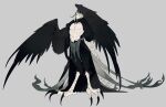  1boy animal_feet ashiya_douman_(fate) asymmetrical_hair bird_legs bird_tail bird_wings black_feathers black_hair black_headwear black_sclera black_wings colored_sclera curly_hair digitigrade earrings fate/grand_order fate_(series) feathers flat_color full_body grey_background grey_feathers grin hand_up harpy_boy head_tilt jewelry long_hair looking_at_viewer magatama magatama_earrings male_focus monster_boy multicolored_hair no_pupils onmyouji pectorals pointy_ears simple_background smile solo split-color_hair standing tail talons tobi0728 toned toned_male very_long_hair white_hair white_headwear winged_arms wings 