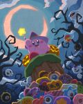  bare_tree bat_(animal) candy clouds crescent_moon food from_below ghost halloween hat highres holding holding_wand jack-o&#039;-lantern kirby kirby_(series) mask miclot moon mummy_costume night no_humans outdoors pumpkin purple_headwear saliva tree wand witch_hat 