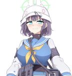  1girl absurdres aqua_eyes bag belt belt_pouch blue_archive blue_shirt breasts danut halo helmet highres large_breasts pouch purple_hair sailor_collar saki_(blue_archive) satchel shirt sweat 