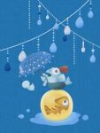  blue_background blue_umbrella bulging_eyes egg fins holding holding_umbrella jellyfish no_humans open_mouth red_eyes redhead salmonid single_tooth smallfry_(splatoon) solo splat_brella_(splatoon) splatoon_(series) spoon sprikasan teruterubouzu umbrella 