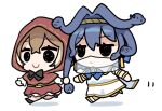  2girls bangs belt black_eyes black_footwear blue_hair blue_ribbon brooch brown_hair c: capelet clipe cosplay earrings grabbing_another&#039;s_hair halloween halloween_costume headband hololive hololive_english jewelry jitome little_red_riding_hood_(grimm) little_red_riding_hood_(grimm)_(cosplay) medusa_(mythology) medusa_(mythology)_(cosplay) multicolored_hair multiple_girls nanashi_mumei official_alternate_costume ouro_kronii red_capelet red_tunic ribbon smile smol_kronii smol_mumei snake_hair streaked_hair toga tunic veil virtual_youtuber walking 