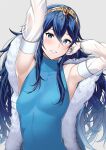  1girl ameno_(a_meno0) arm_up armpits arms_up bangs bare_shoulders blue_eyes blue_hair blush breasts cape detached_sleeves fire_emblem fire_emblem_awakening fur_trim gloves hair_between_eyes long_hair looking_at_viewer lucina_(fire_emblem) official_alternate_costume sleeveless small_breasts smile solo tiara 